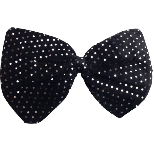 LARGE BOW TIE Sequin Polka Dots Bowtie Big King Size Party  Costume - Black (with silver polka dots)