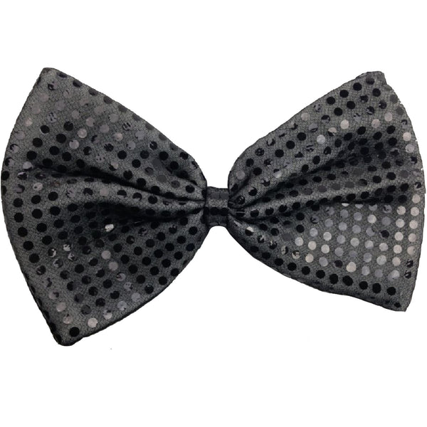 LARGE BOW TIE Sequin Polka Dots Bowtie Big King Size Party  Costume - Grey (with black polka dots)
