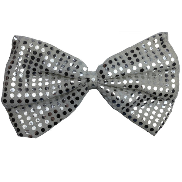 LARGE BOW TIE Sequin Polka Dots Bowtie Big King Size Party  Costume - White/Silver