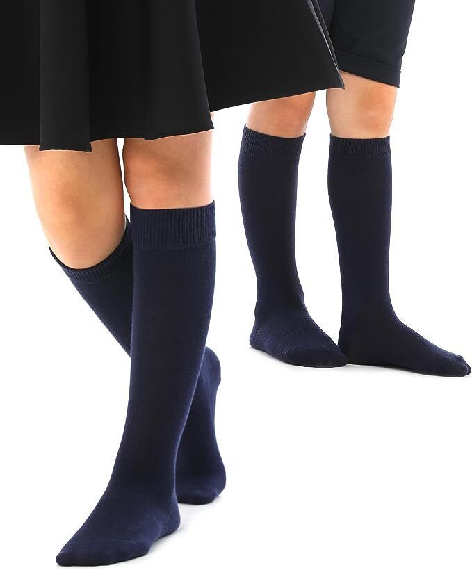 Knee High School Socks for Girls Boys Plain Cotton Rich Kids Seamless No Seam - Navy