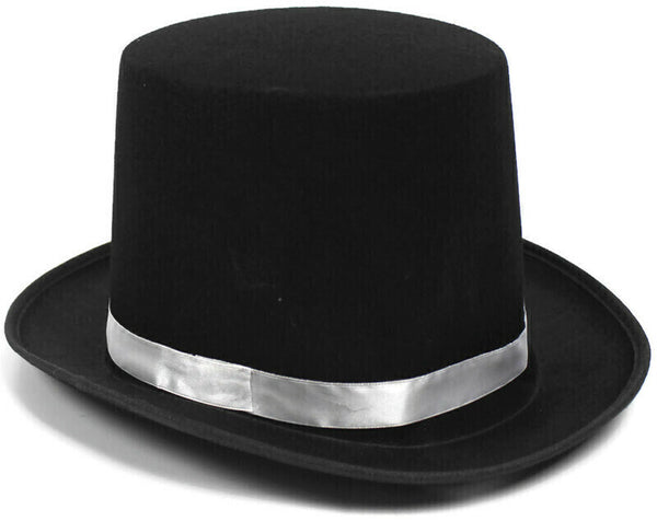 BLACK SATIN TOP HAT w Silver Ribbon Band Costume Mad Hatter Party Magician
