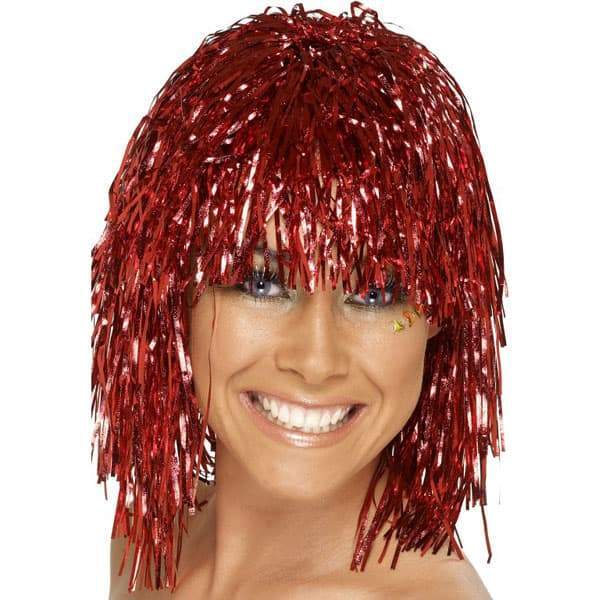 Tinsel Metallic Wig 70s 50s 20s Costume Mens Womens Unisex Disco Fancy Dress Up - Red