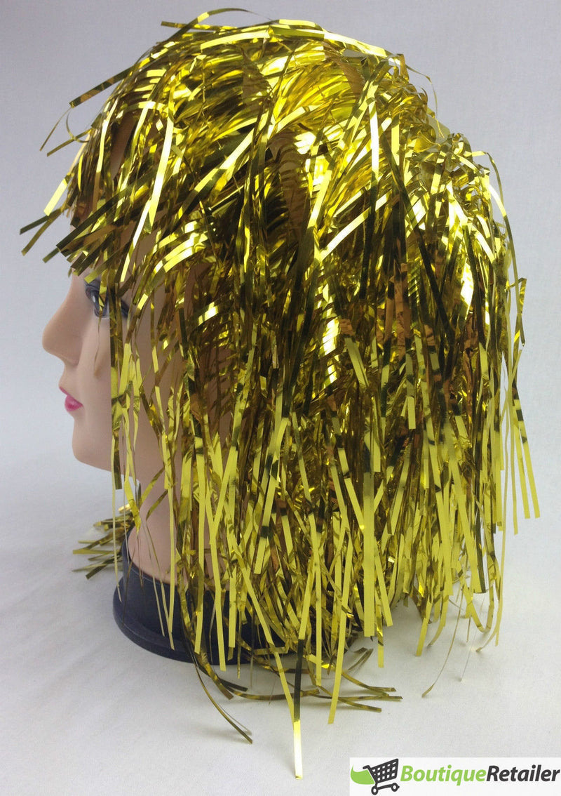 Tinsel Metallic Wig 70s 50s 20s Costume Mens Womens Unisex Disco Fancy Dress Up - Gold/Yellow