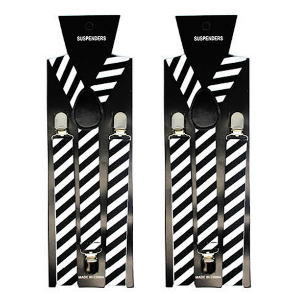 2x Mens Suspenders Braces Adjustable Strong Clip On Elastic Formal Wedding Slim - Black/White Diagonal Stripes