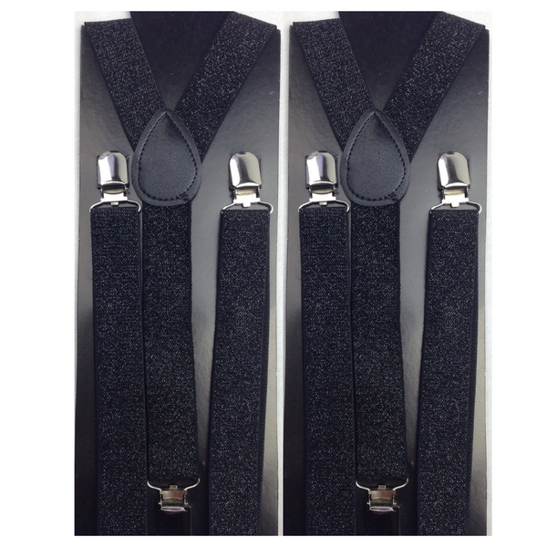 2x Mens Suspenders Braces Adjustable Strong Clip On Elastic Formal Wedding Slim - Black (Glitter)