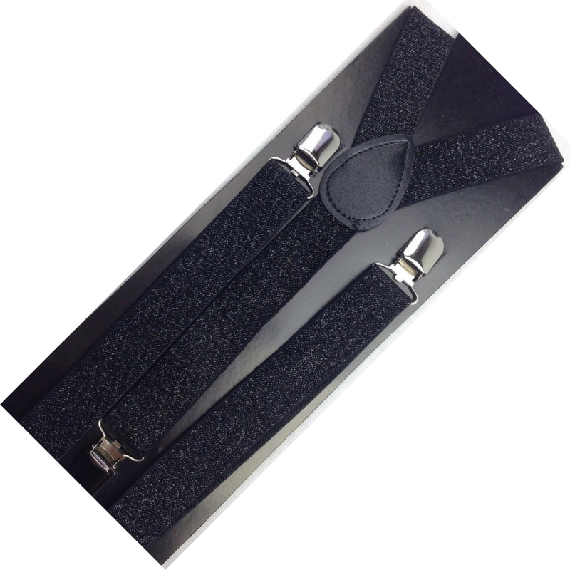 2x Mens Suspenders Braces Adjustable Strong Clip On Elastic Formal Wedding Slim - Black (Glitter)