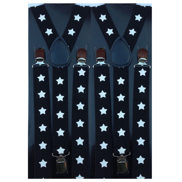 2x Mens Suspenders Braces Adjustable Strong Clip On Elastic Formal Wedding Slim - Black with White Stars