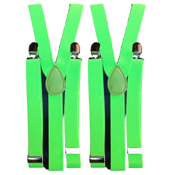 2x Mens Suspenders Braces Adjustable Strong Clip On Elastic Formal Wedding Slim - Fluro Green