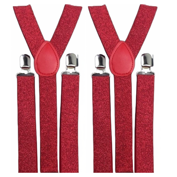 2x Mens Suspenders Braces Adjustable Strong Clip On Elastic Formal Wedding Slim - Red (Glitter)