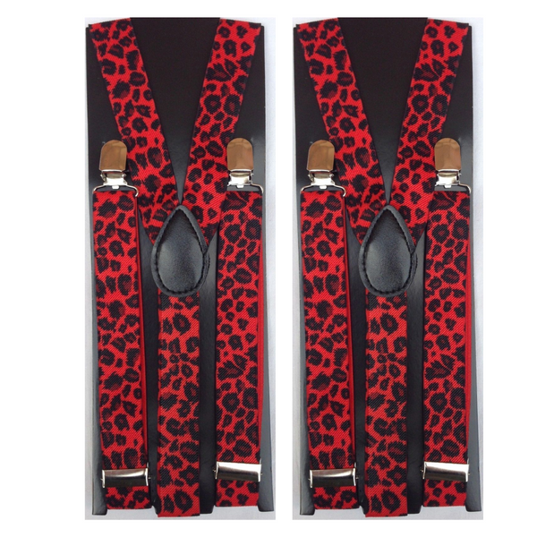 2x Mens Suspenders Braces Adjustable Strong Clip On Elastic Formal Wedding Slim - Red Leopard