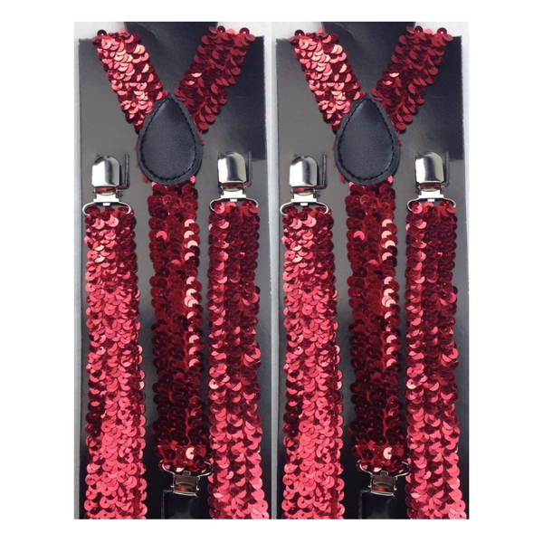 2x Mens Suspenders Braces Adjustable Strong Clip On Elastic Formal Wedding Slim - Red (Sequin)
