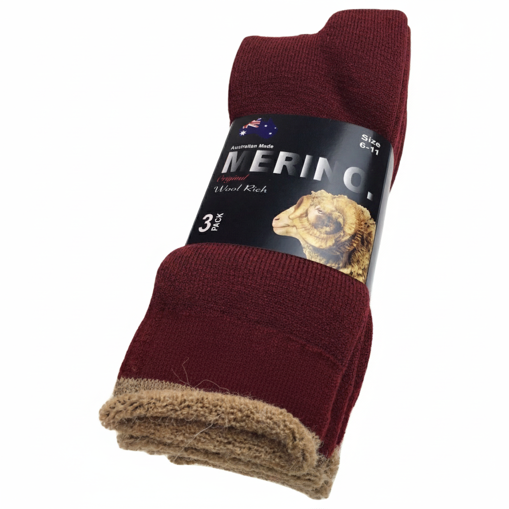 3 Pairs MERINO WOOL SOCKS Mens Heavy Duty Premium Thick Work Socks Cushion in Burgundy
