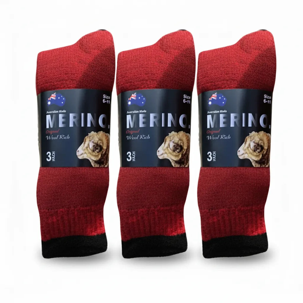 3 Pairs MERINO WOOL SOCKS Mens Heavy Duty Premium Thick Work Socks Cushion in Red