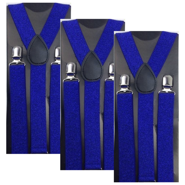 3x Mens Suspenders Braces Adjustable Strong Clip On Elastic Formal Wedding Slim - Blue (Glitter)