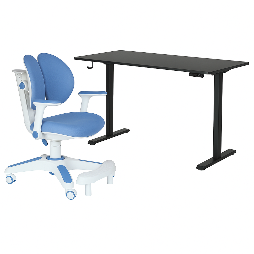 Ergonomic Kids Study Chair & Adjustable Electric Standing Desk Set – Blue Chair & Black Desk