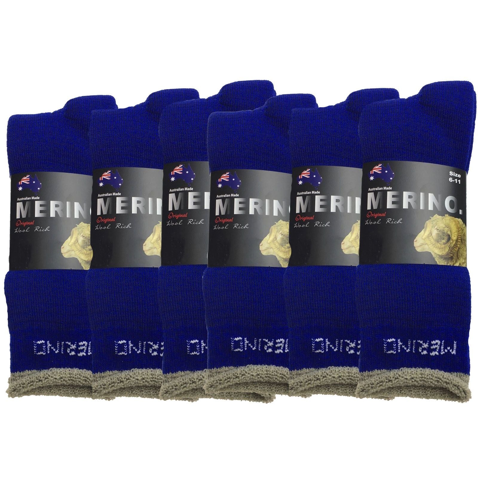 6 Pairs MERINO WOOL SOCKS Mens Heavy Duty Premium Thick Work Socks Cushion in Blue
