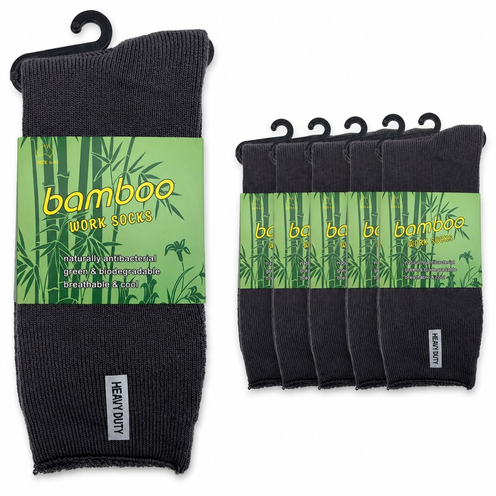 6 Pairs Mens Bamboo Rich Work Socks Thick Cushioned Anti Odour - Charcoal Grey