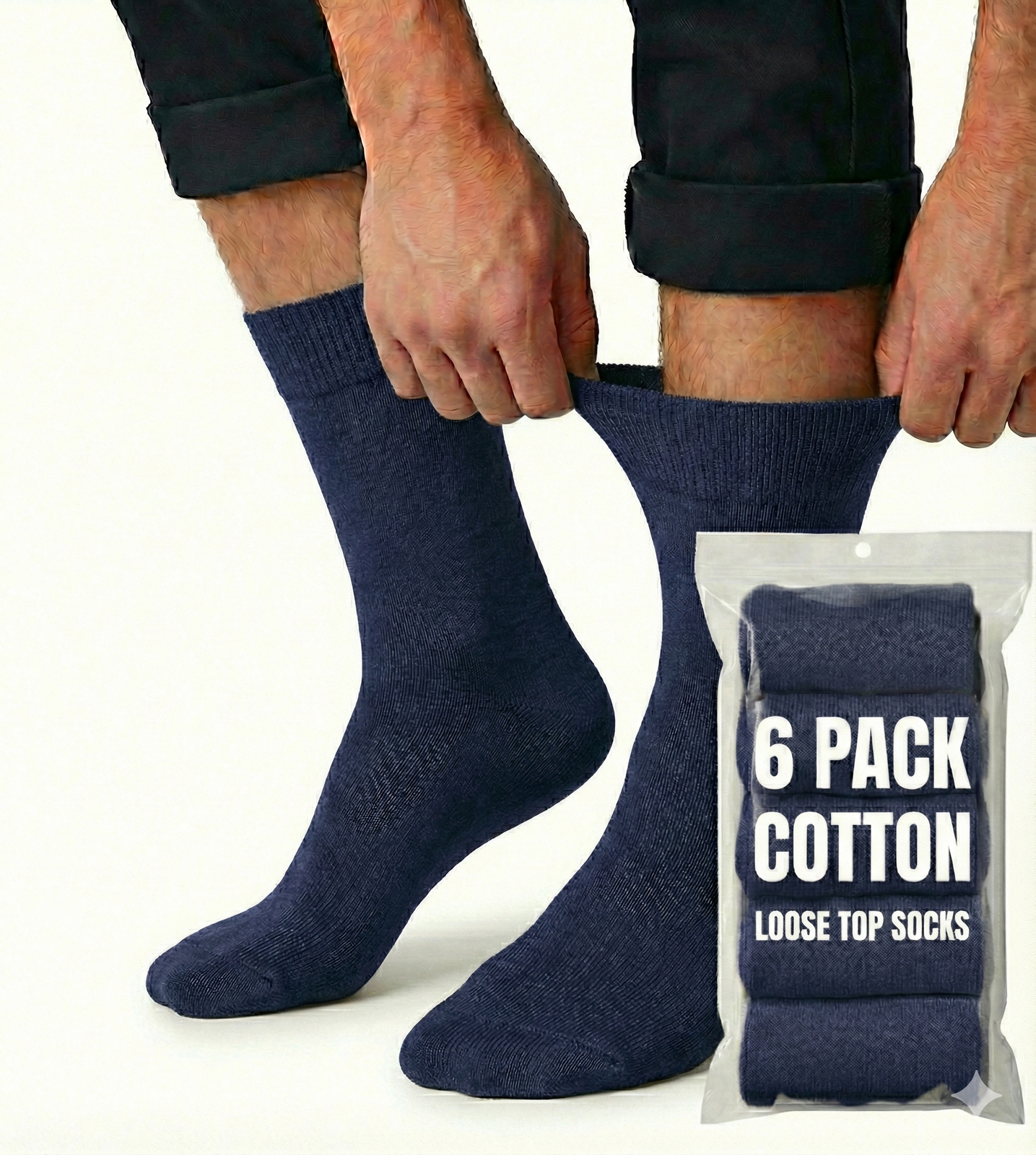 6x Pair COTTON Rich LOOSE TOP SOCKS Circulation Diabetic Comfort in Navy