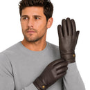 Mens Premium Kangaroo Leather Gloves Strap Stud Fastening Winter Warm - Brown