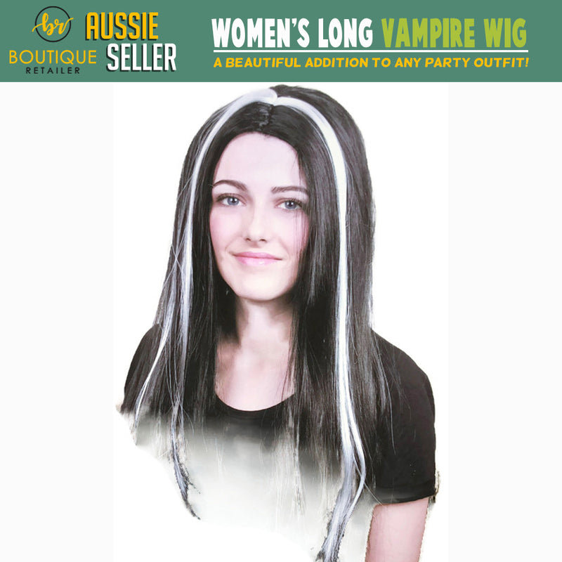 Womens VAMPIRE WIG Long Straight Wig Costume Party Hair Accessory Halloween - Black/White