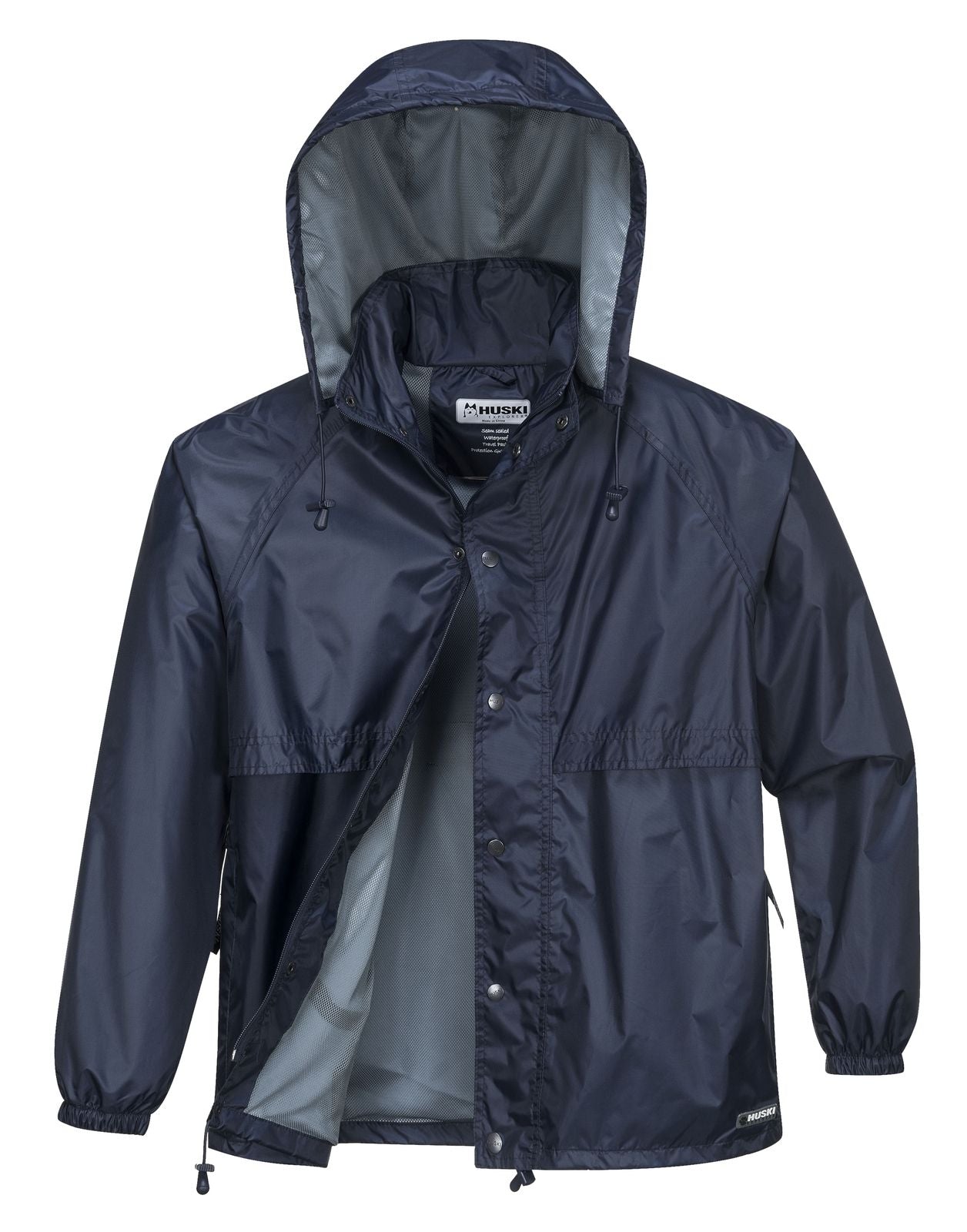 HUSKI STRATUS RAIN JACKET Waterproof Workwear Concealed Hood Windproof Packable - Navy Blue