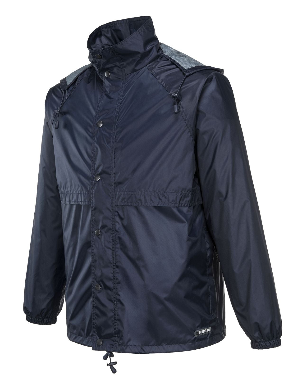 HUSKI STRATUS RAIN JACKET Waterproof Workwear Concealed Hood Windproof Packable - Navy Blue