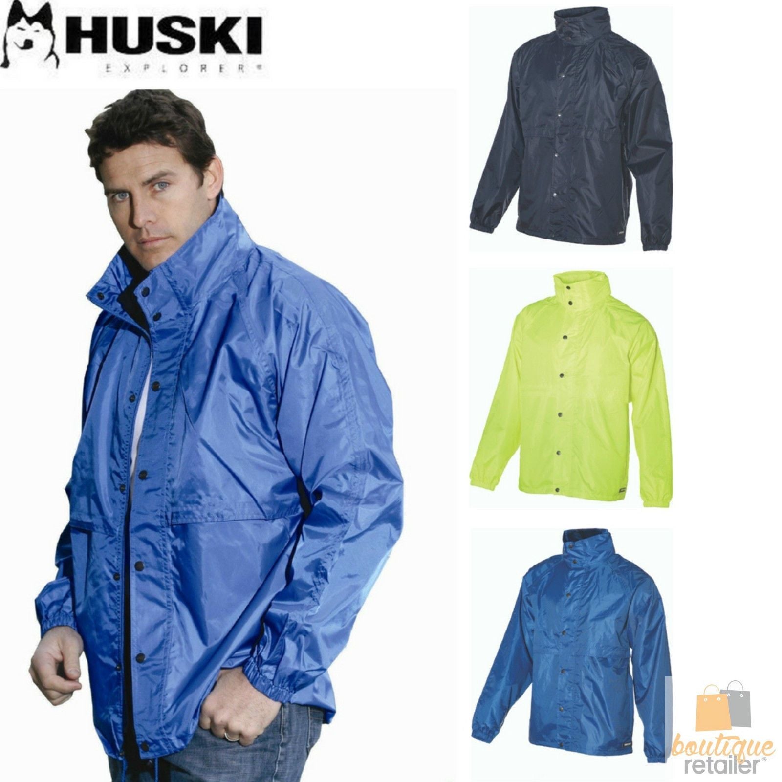 HUSKI STRATUS RAIN JACKET Waterproof Workwear Concealed Hood Windproof Packable - Navy Blue