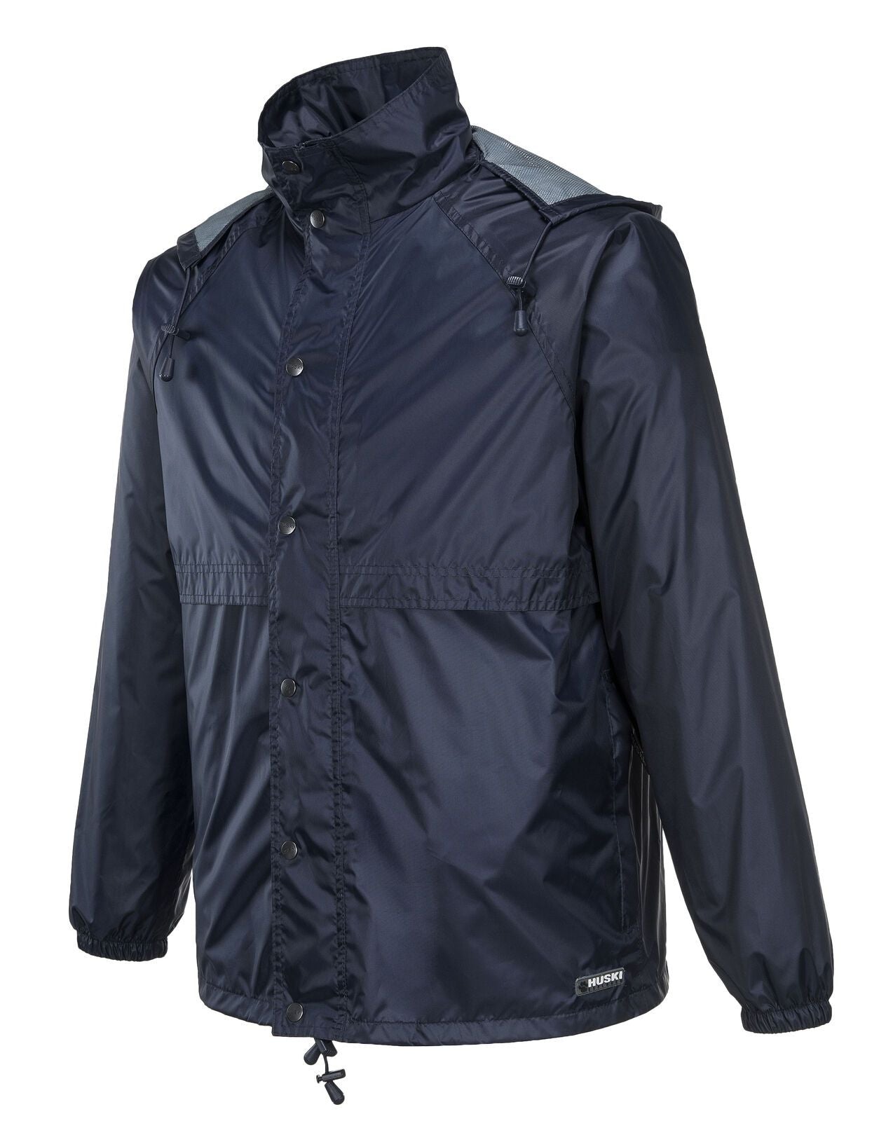 HUSKI STRATUS RAIN JACKET Waterproof Workwear Concealed Hood Windproof Packable - Navy Blue