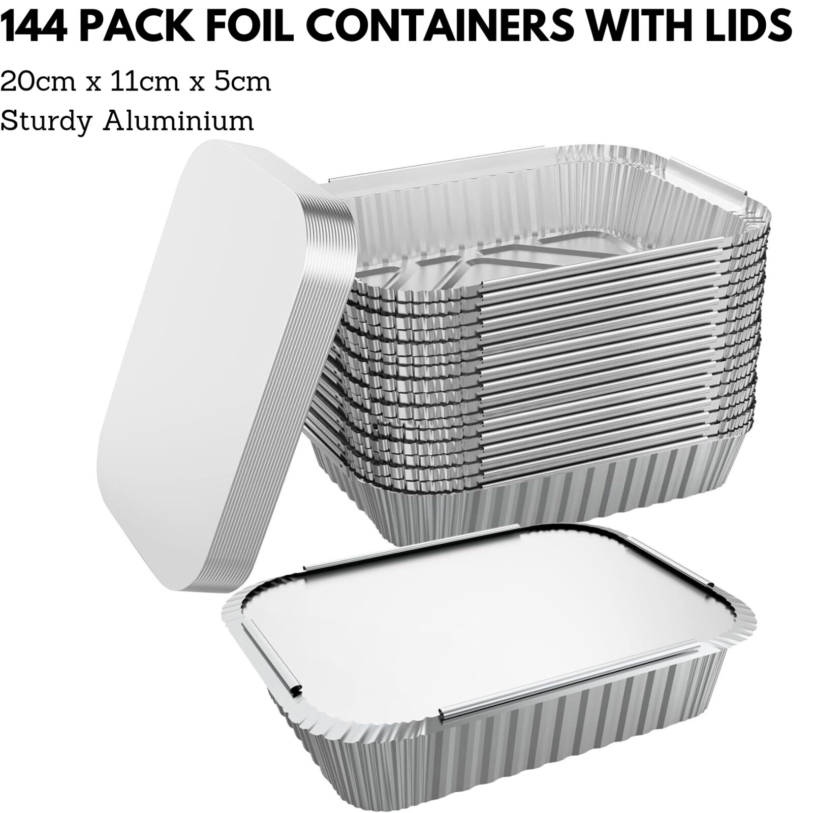 144x Aluminium Disposable Foil Food Container Trays Pans w/ Lids Covers Bulk 20x11x5cm