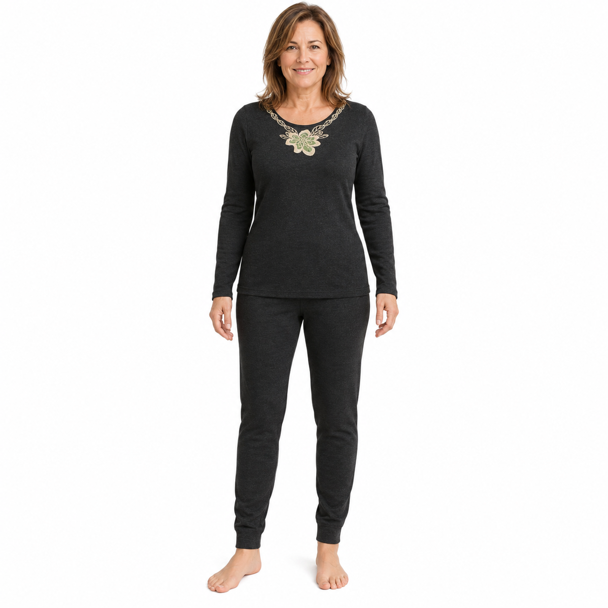 2pcs Set Womens Merino Wool Blend Pants & Top Underwear Leggings Thermal Thermals - Black