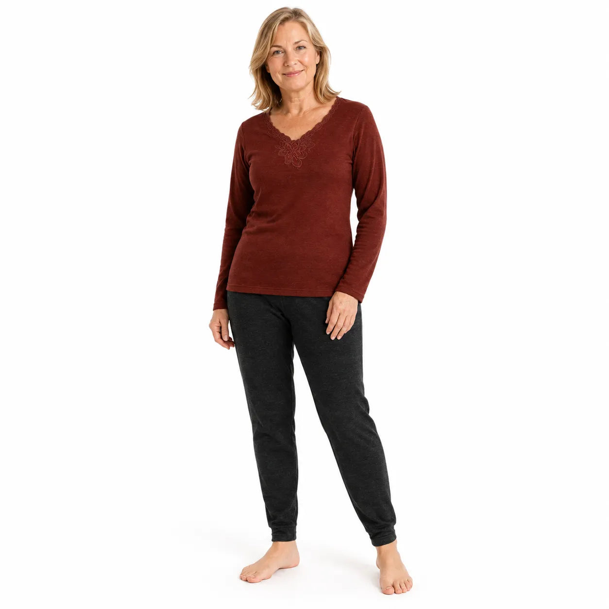 2pcs Set Womens Merino Wool Blend Pants & Top Underwear Leggings Thermal Thermals - Burgundy Top & Black Pants
