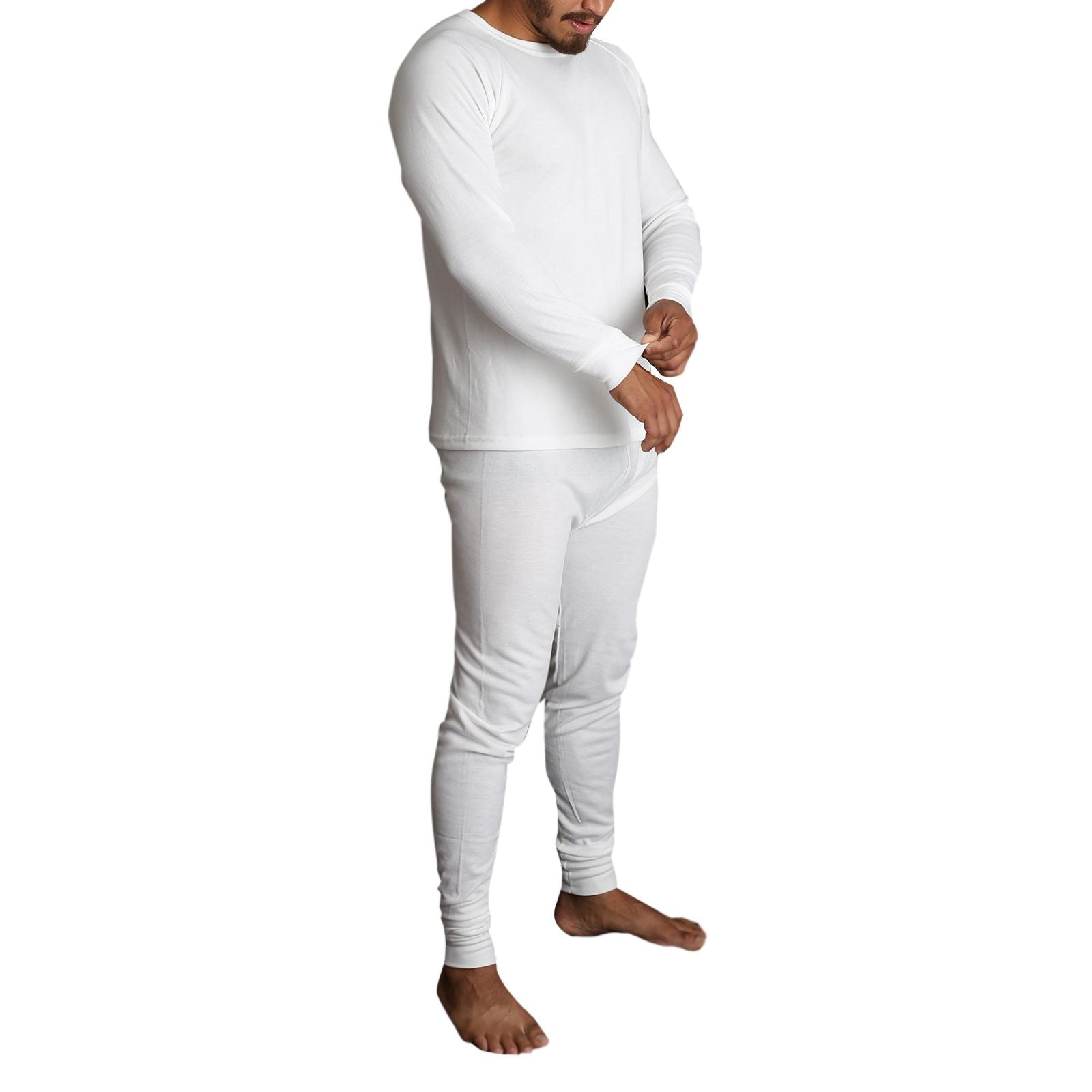 2pcs Set Mens Merino Wool Blend Long Sleeve Thermal Top & Long Johns Pants Underwear - Beige
