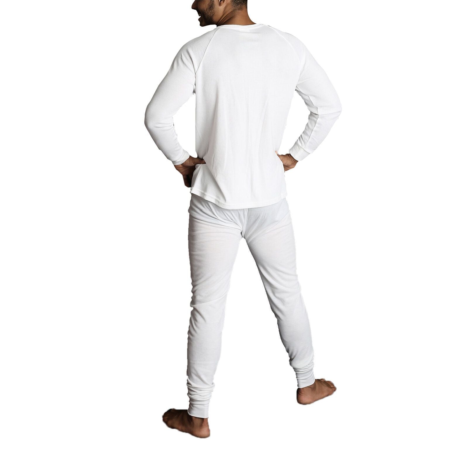 2pcs Set Mens Merino Wool Blend Long Sleeve Thermal Top & Long Johns Pants Underwear - Beige