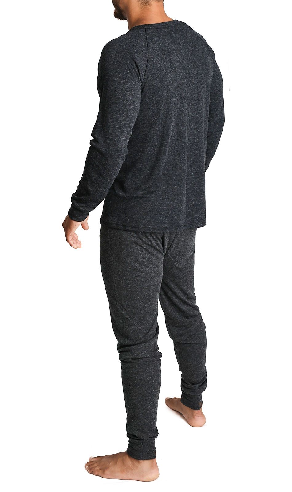 2pcs Set Mens Merino Wool Blend Long Sleeve Thermal Top & Long Johns Pants Underwear - Black