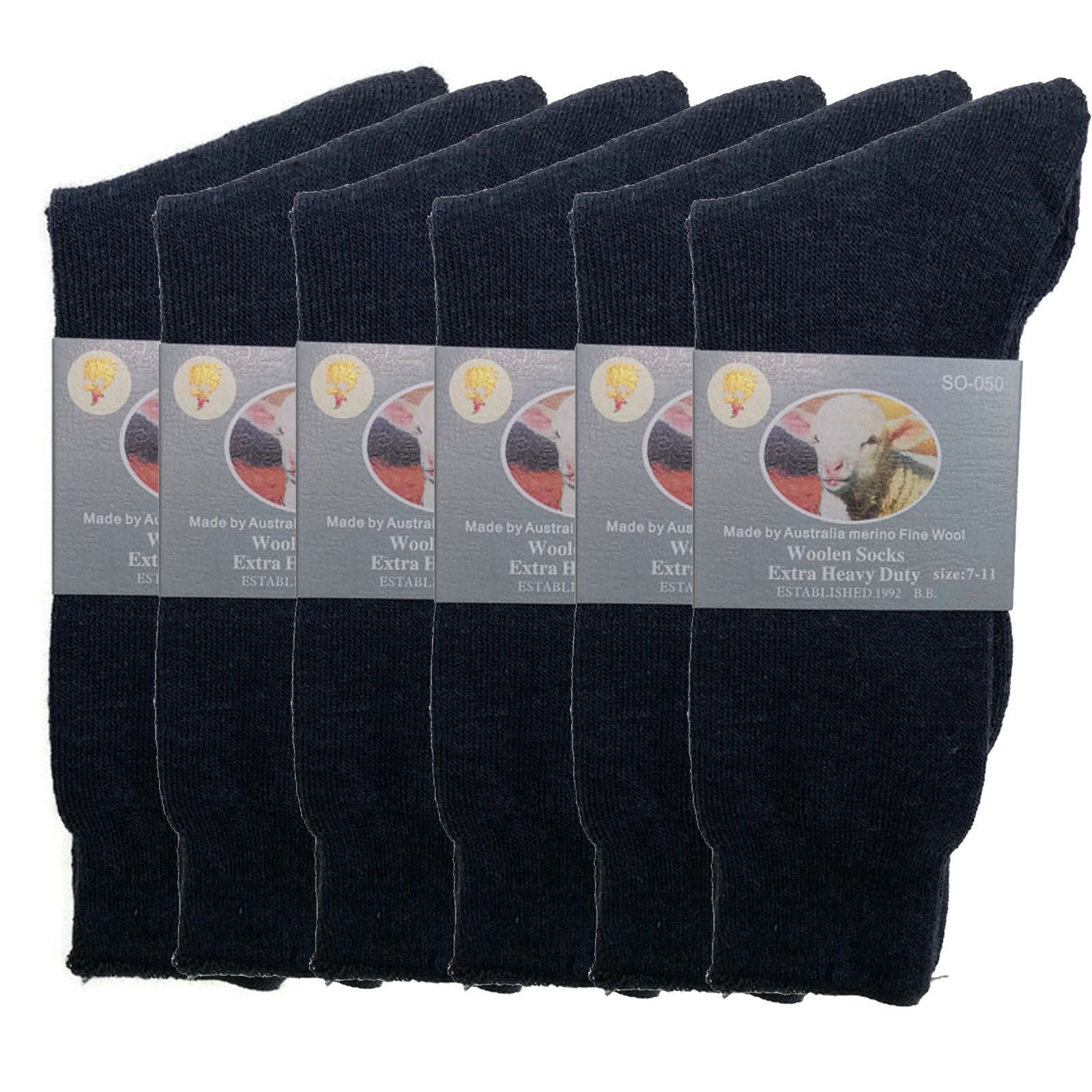 6 Pairs Merino Wool Blend Woolen Work Socks Hiking Heavy Duty Warm Thermal Bulk - Navy