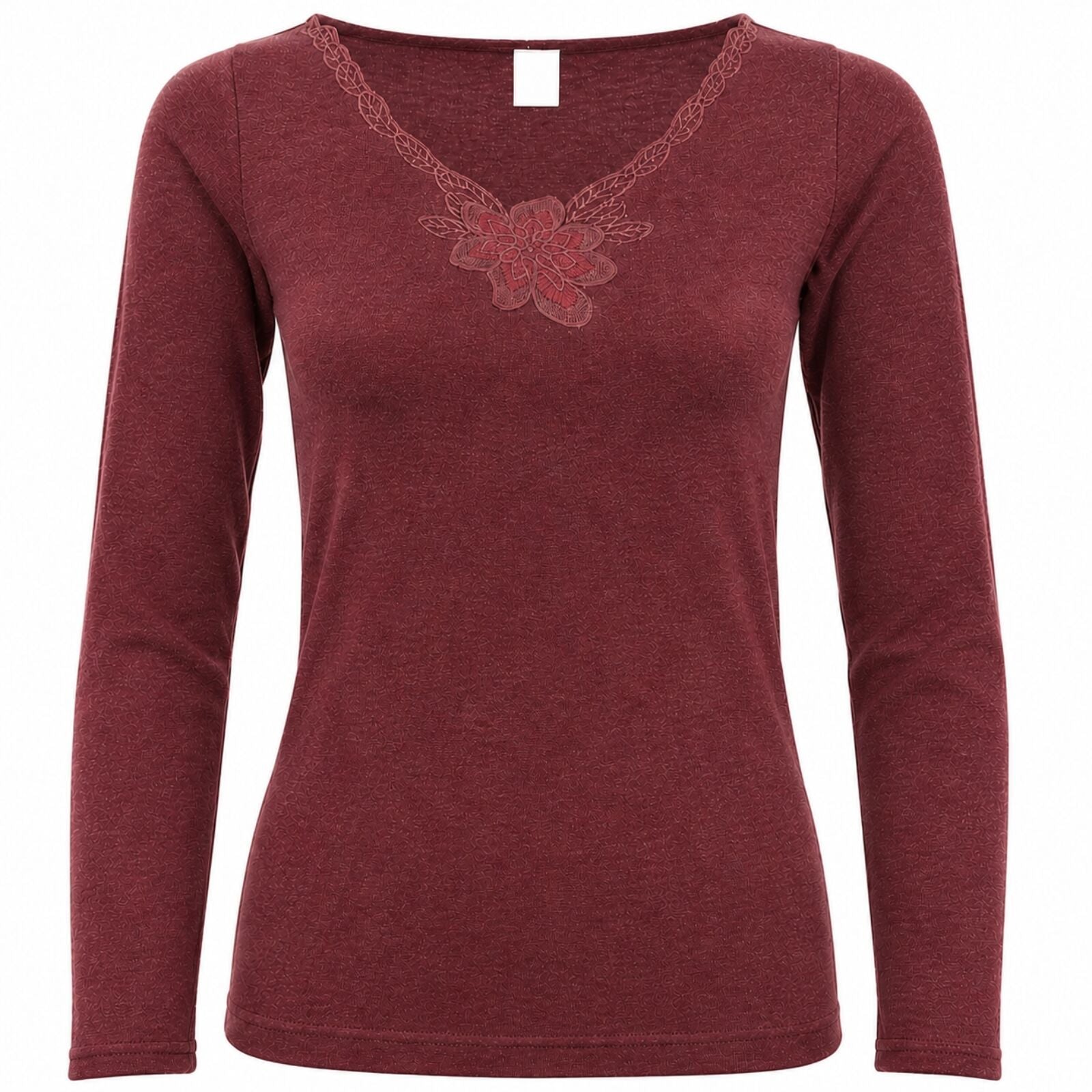 Womens Merino Wool Blend Thermal Top Long Sleeve V Neck Spencer Warm - Burgundy