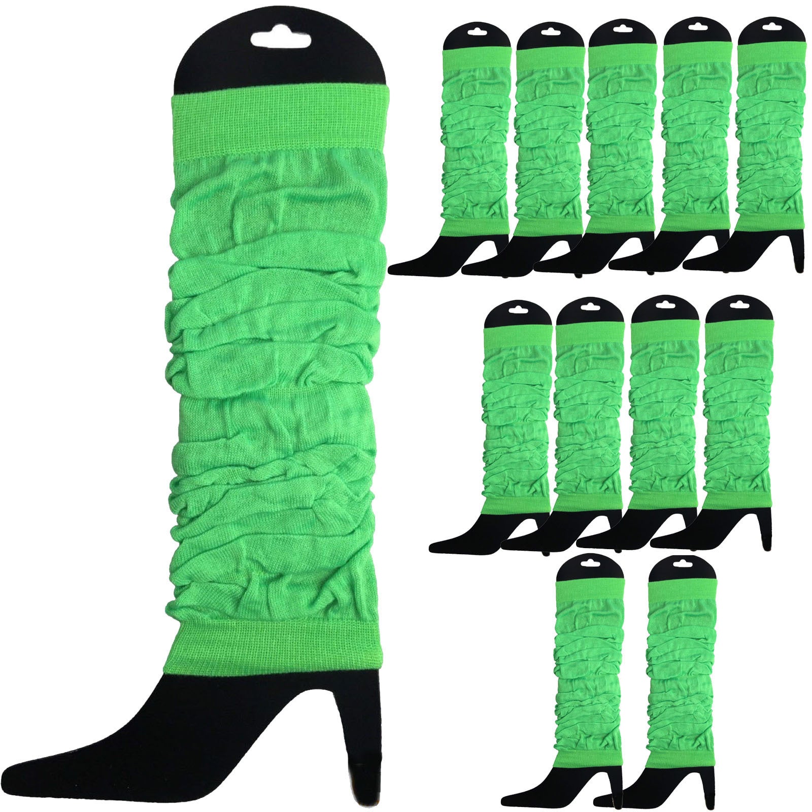 12 LEG WARMERS Knitted Womens Neon Party Knit Ankle Fluro Dance Costume 80s BULK - Fluro Green