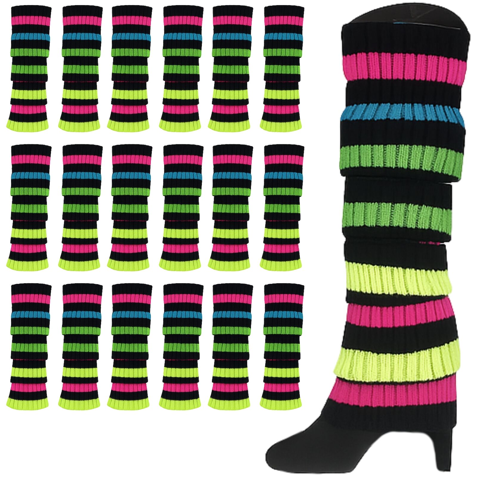 24x Womens Leg Warmers Disco Winter Knit Dance Party Crochet Legging Socks Costume - Rainbow with Black Stripe