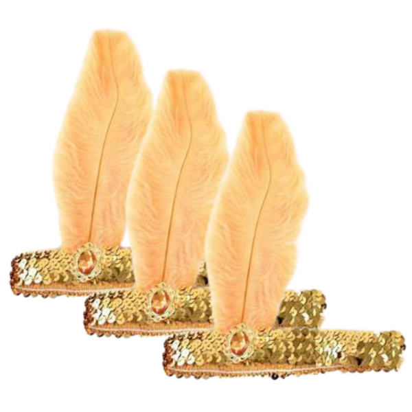3x 1920s FLAPPER HEADBAND Headpiece Feather Sequin Charleston Costume Gatsby - Gold/Orange