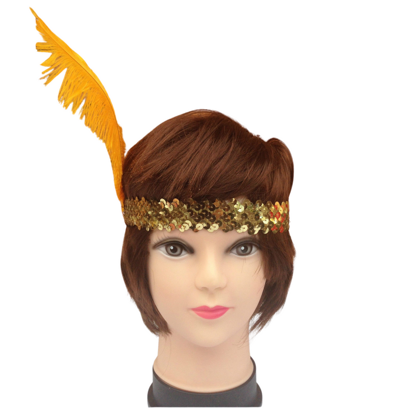 3x 1920s FLAPPER HEADBAND Headpiece Feather Sequin Charleston Costume Gatsby - Gold/Orange