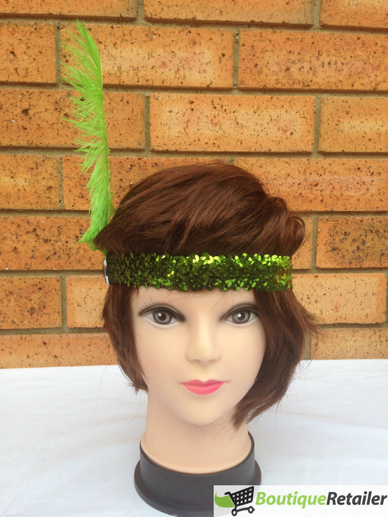 3x 1920s FLAPPER HEADBAND Headpiece Feather Sequin Charleston Costume Gatsby - Green