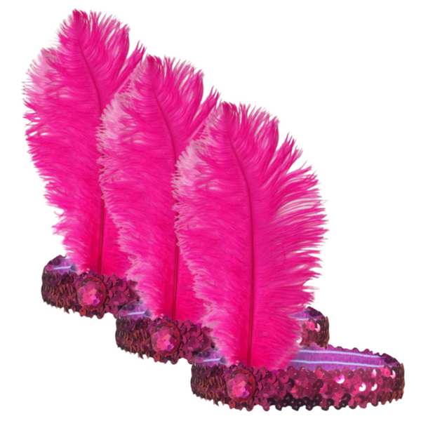 3x 1920s FLAPPER HEADBAND Headpiece Feather Sequin Charleston Costume Gatsby - Hot Pink