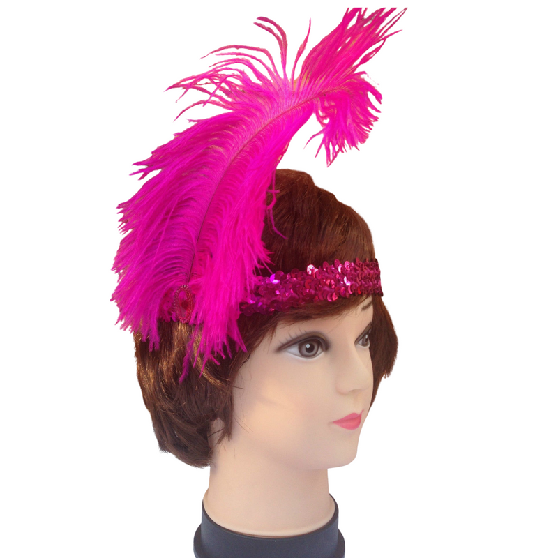 3x 1920s FLAPPER HEADBAND Headpiece Feather Sequin Charleston Costume Gatsby - Hot Pink