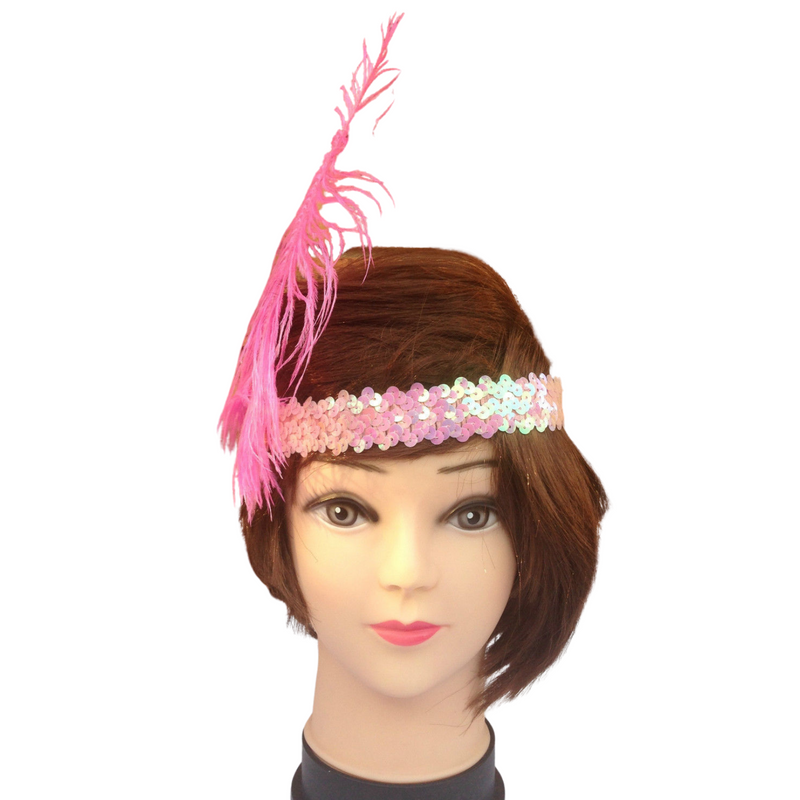 3x 1920s FLAPPER HEADBAND Headpiece Feather Sequin Charleston Costume Gatsby - Light Pink