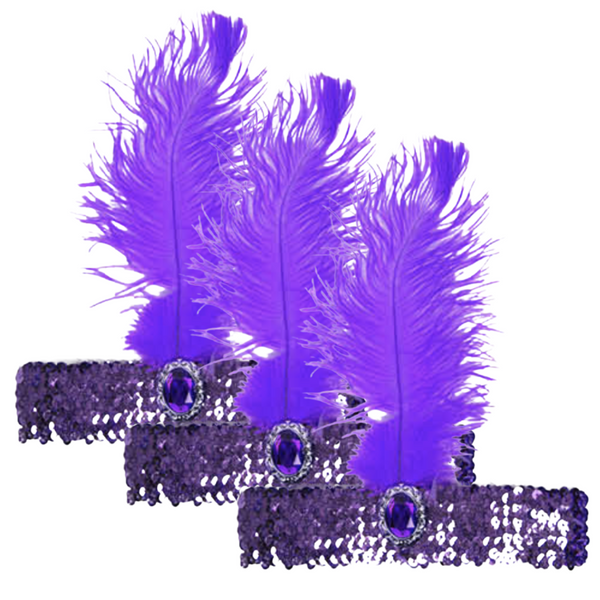 3x 1920s FLAPPER HEADBAND Headpiece Feather Sequin Charleston Costume Gatsby - Purple