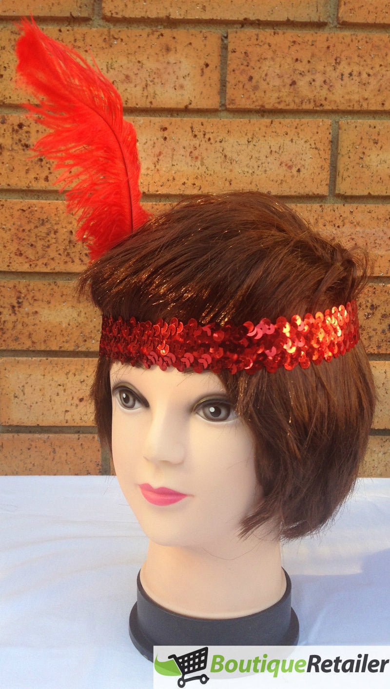 3x 1920s FLAPPER HEADBAND Headpiece Feather Sequin Charleston Costume Gatsby - Red