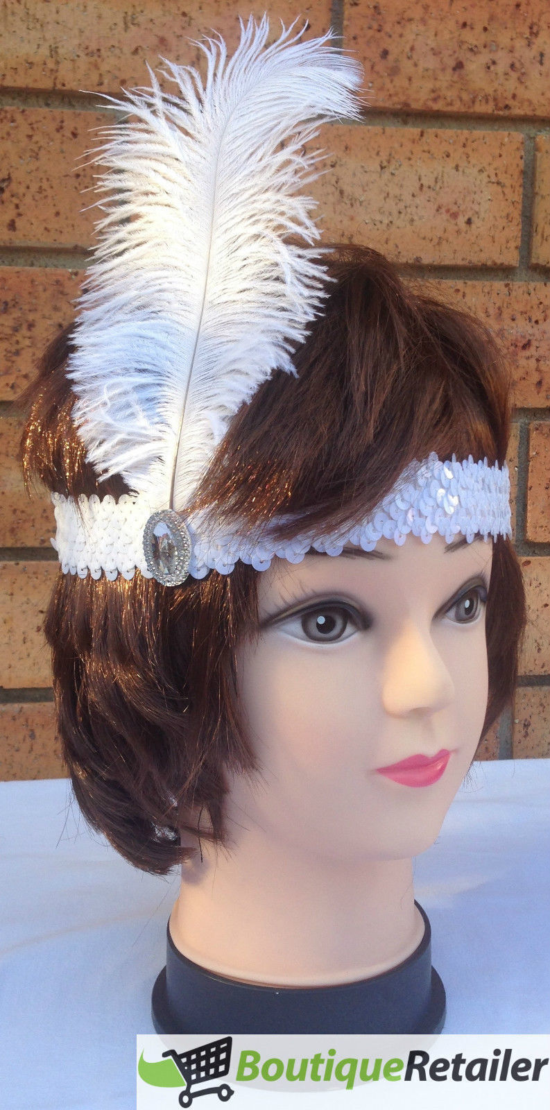3x 1920s FLAPPER HEADBAND Headpiece Feather Sequin Charleston Costume Gatsby - White