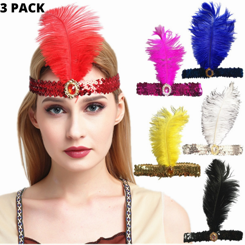 3x 1920s FLAPPER HEADBAND Headpiece Feather Sequin Charleston Costume Gatsby - Assorted Colours Pack