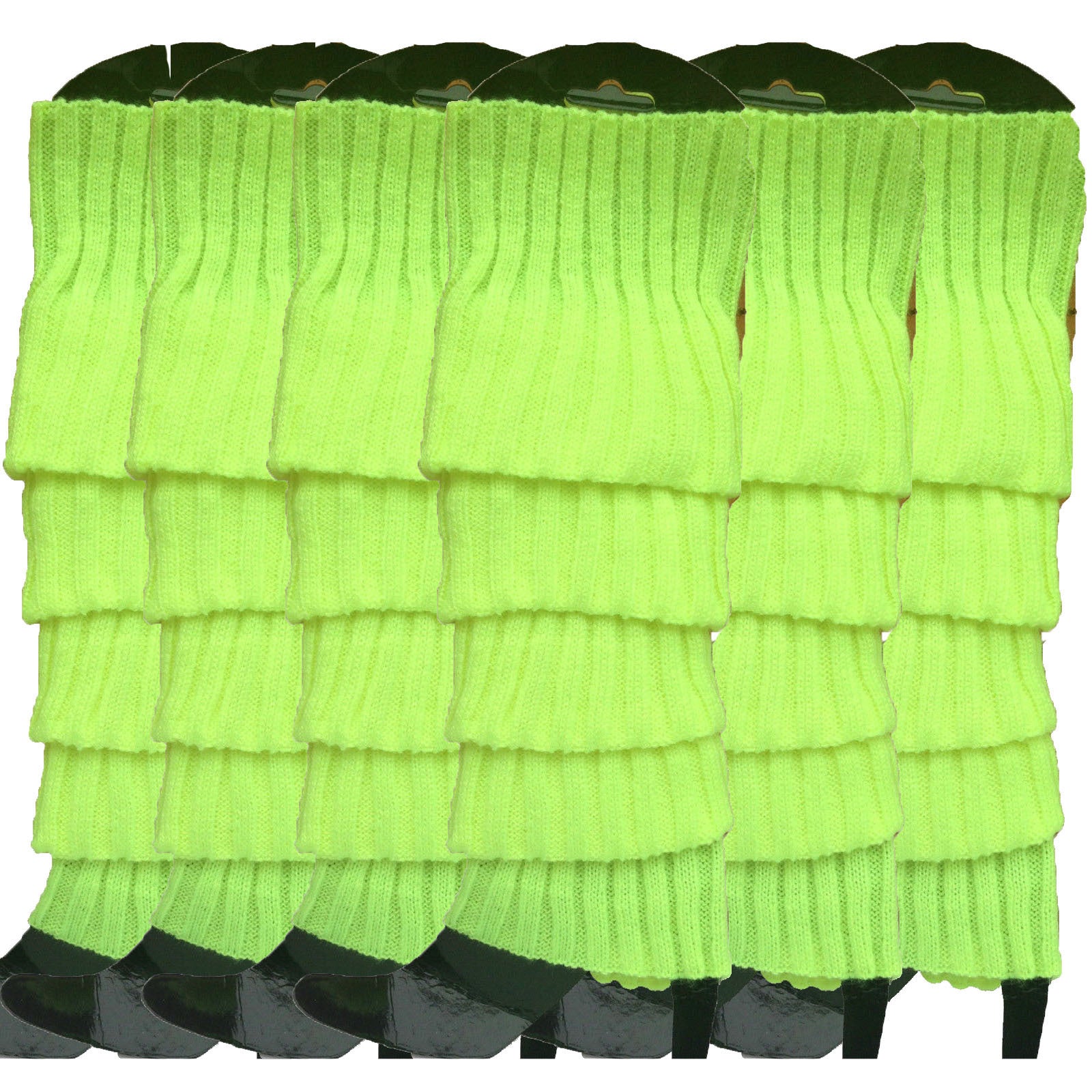 6x Womens Leg Warmers Disco Winter Knit Dance Party Crochet Legging Socks Costume - Fluro Yellow