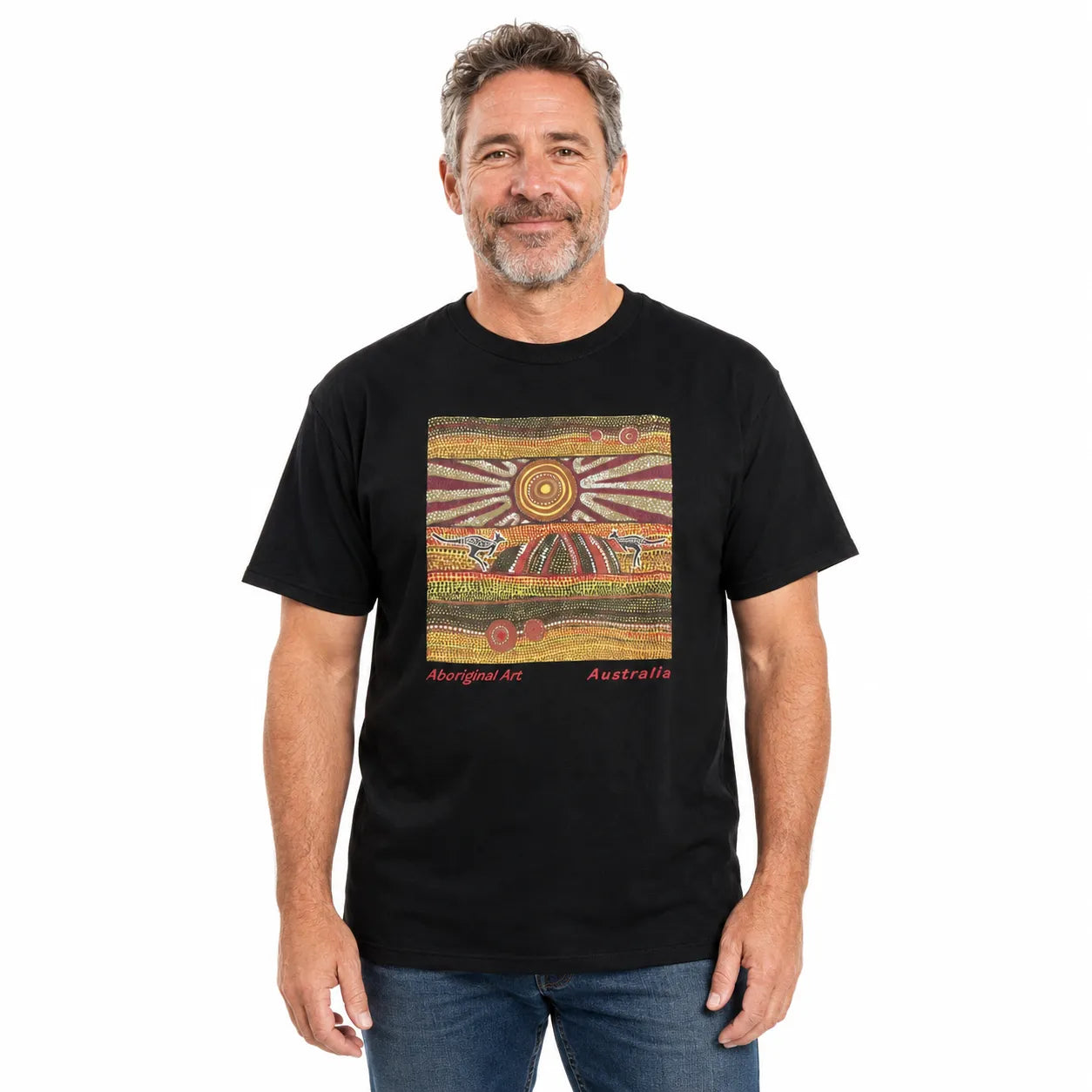 Mens Australia T Shirt Aboriginal Art 100% Cotton Souvenir Indigenous Tee in Black